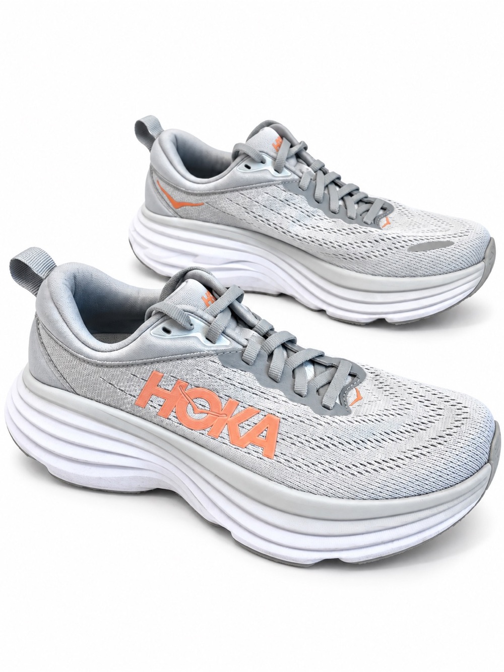 Hoka Women's Light Gray and Coral Athletic Running Shoes
